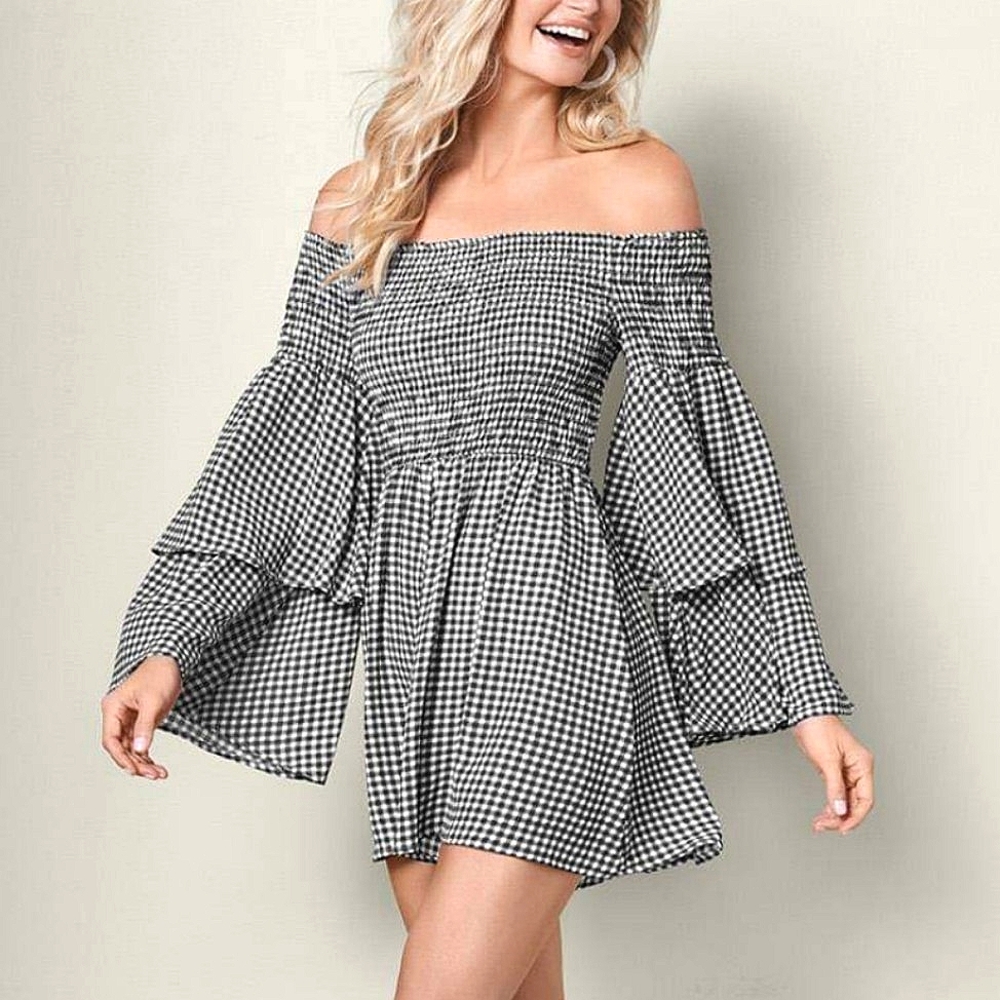 Venus Flare Sleeve Romper - Black/White Gingham Picnic Plaid